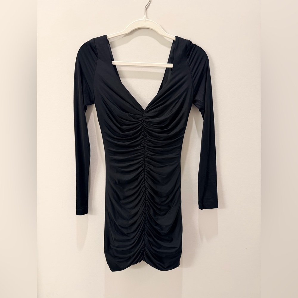 JAYGODFREY Black Ruched V-Neck Long Sleeve Mini Dress